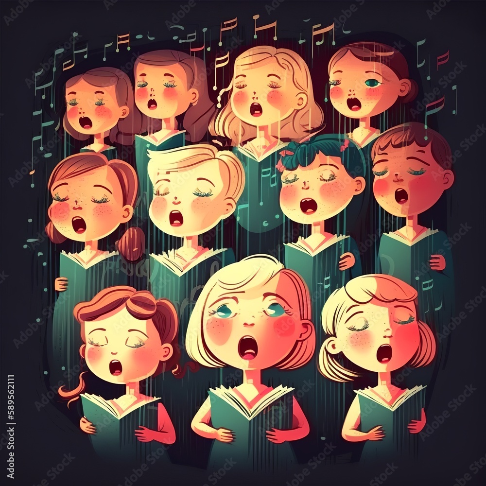 illustration of children singing song together girls and boys group singers in choir chorus from school sheet music in their hands polyphonic musical notes with a band young cartoon Generative AI 