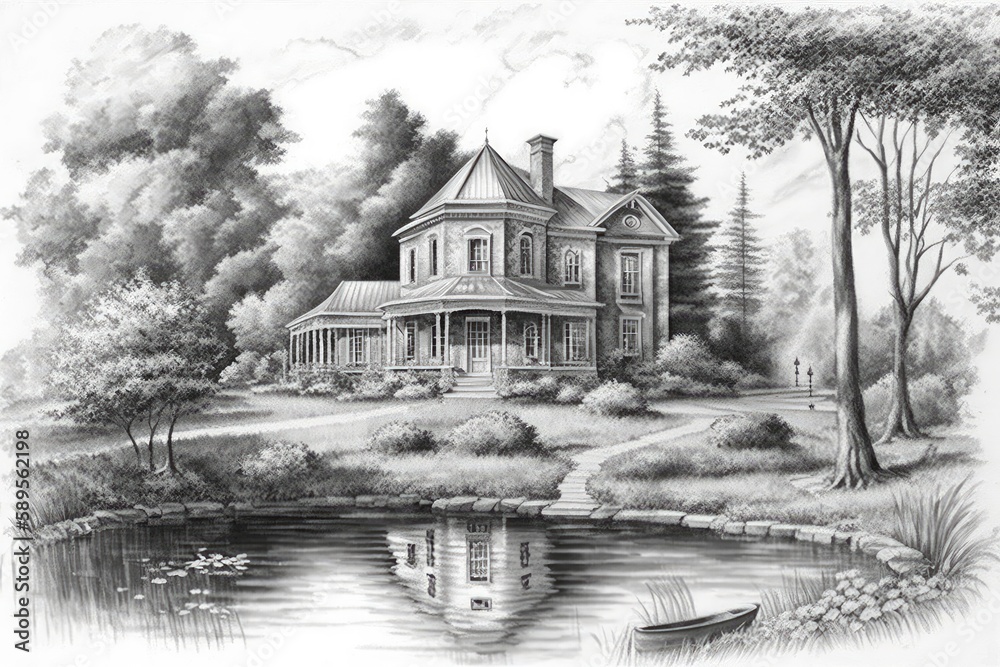 classic house, surrounded by lush greenery and tranquil pond in pencil sketch, created with generative ai