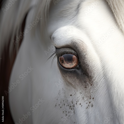 Extreme close up of horse eyes front view looking at camera banner with copy space. white horse, brown eyes pony with a mane smooth haired animal portrait Generative AI  © Gerg