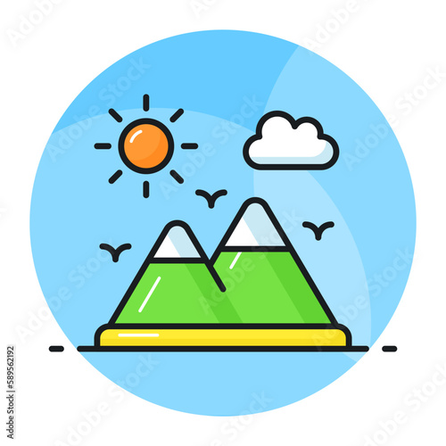 A beautiful view of the mountain landscape. Mountain and sun denoting icon of hill station in trendy style