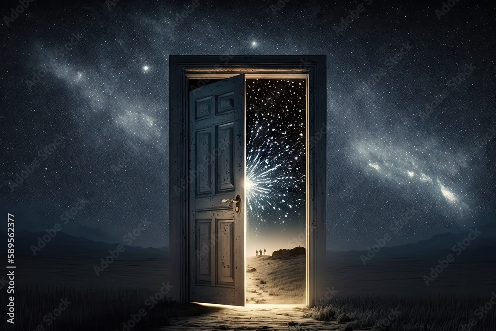 door, with heavenly light shining through, against starry night sky, created with generative ai
