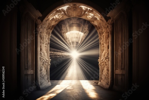 heavenly doorway  with rays of light shining through and around it  created with generative ai