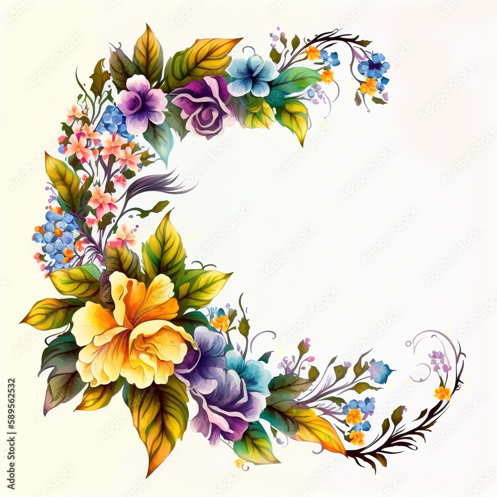 Watercolor floral frame arrangements of colorful flowers and leaves. Botanic decoration illustration for wedding card, fabric, photo frame, pillows and DIY Projects.