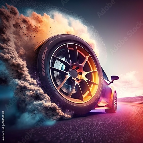 3D rendering , Sport Car Raceing on race track , Car wheel drifting the stirs up the dust sunset modern with silver wheel rim on asphalt road sedan tire splash vehicle in the middle Generative AI