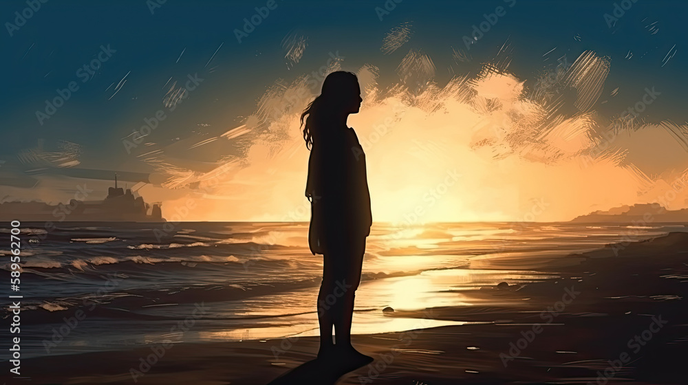 silhouette of a person on the beach at sunset created with Generative AI technology silhouette of a person on the beach at sunset created with Generative AI technology