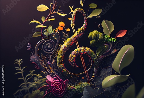 Close-up surreal colorful treble clef with plants. AI Generative. Generative AI photo