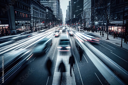 a long exposure shot of a busy city street, with the cars and people frozen in motion, created with generative ai © Natalia