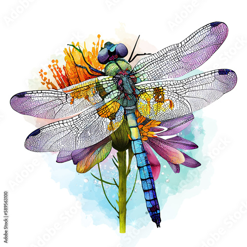 Colorful Beautiful Dragonfly with a Flower, Bright galaxy ang Glitter, Watercolor style Transparent Background. © thanakrit