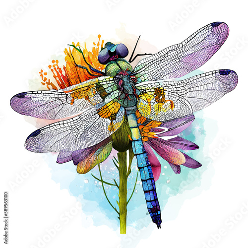 Fotografie Colorful Beautiful Dragonfly with a Flower, Bright galaxy ang Glitter, Watercolor style Transparent Background