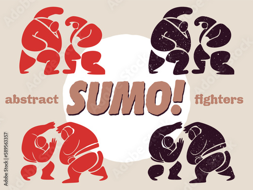 Sumo wrestlers character set, abstract sumoist athletes in action, Japanese martial art fighters vector isolated Illustrations 