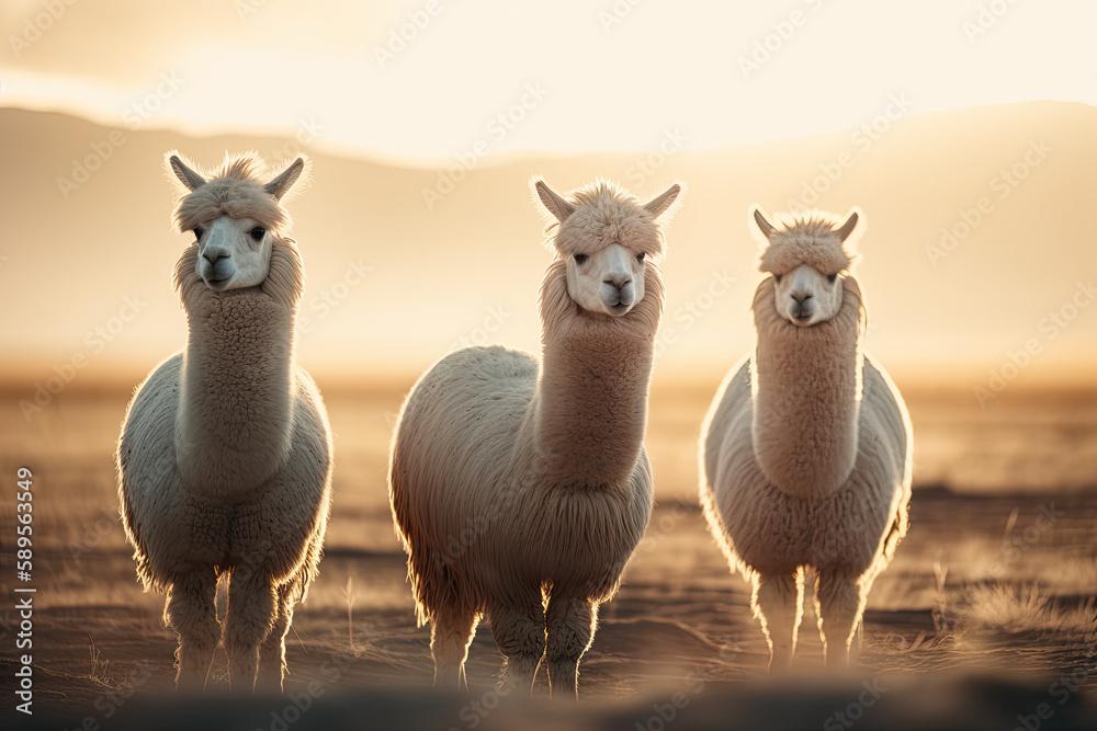 Fototapeta premium three llamas on a paddock at sunset, AI generated content