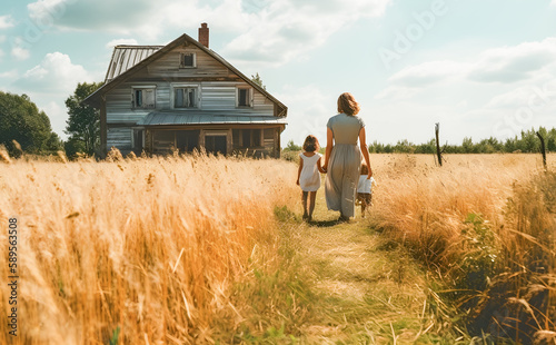 Mother and daughters walking through a meadow in the countryside to a beautiful wooden house. Mother and family concept. Generative ai