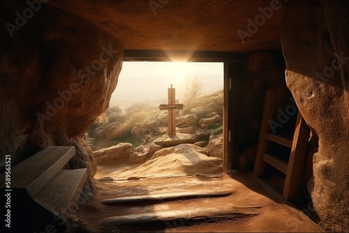 Empty tomb with crucifix at dawn. Resurrection concept made with generative AI
