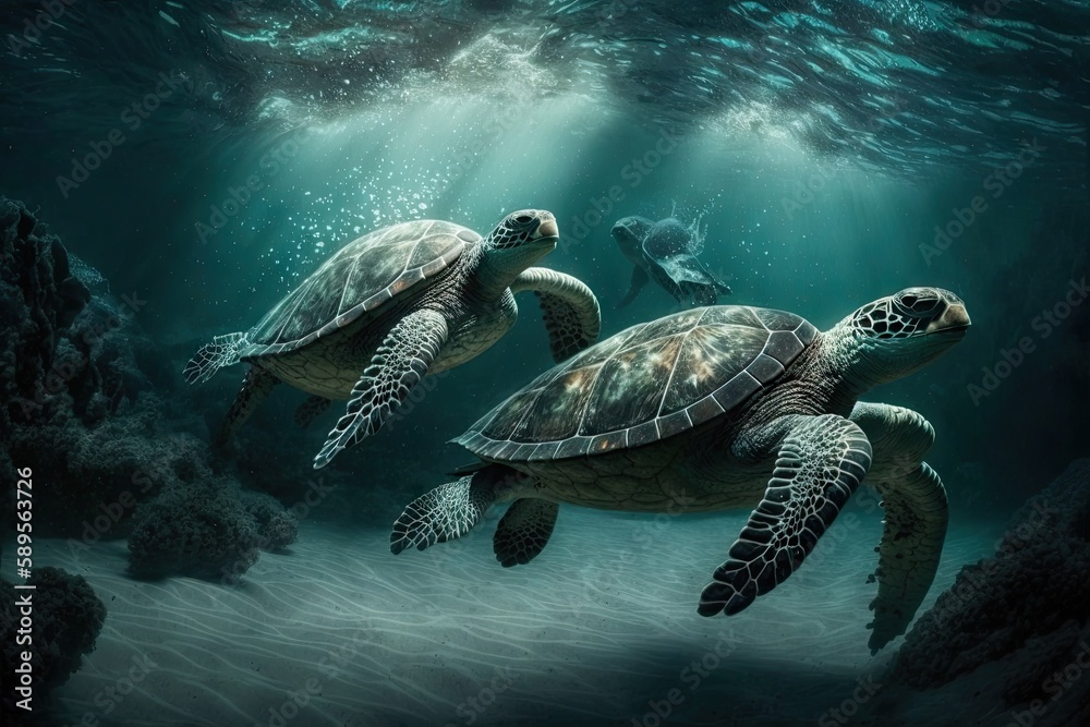 sea turtles navigating through the murky waters of the coast, created with generative ai sea turtles navigating through the murky waters of the coast, created with generative ai