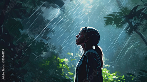silhouette of a woman in a rain forest as a painting created with Generative AI technology