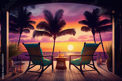 patio  with lounge chairs and tropical drink  against sunset backdrop  created with generative ai