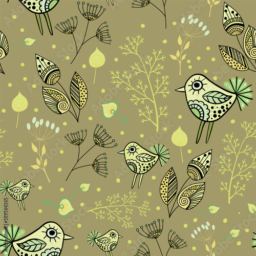 Seamless pattern with ornamental plants and birds. Vector file for designs.