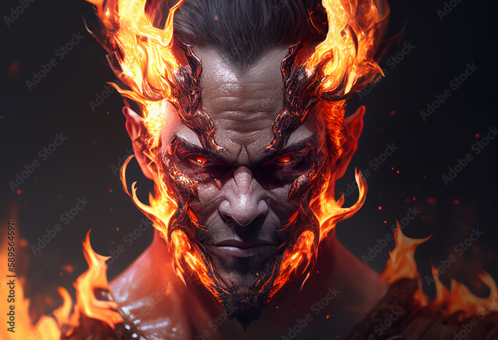 The face of a man from hell on fire. AI genarated