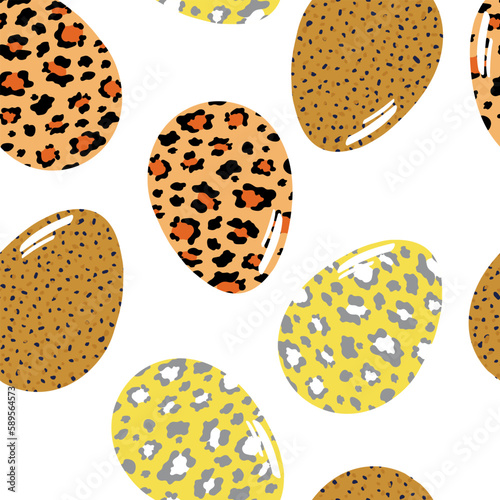 Seamless pattern with cute painted eggs in a predatory leopard design on a white background for printing on fabrics, textiles. Vector.