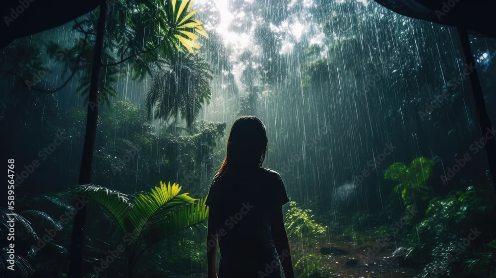 silhouette of a woman in a rain forest as a painting created with Generative AI technology