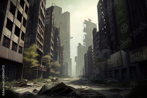 postapocalyptic cityscape, with rows of empty skyscrapers and broken windows, created with generative ai