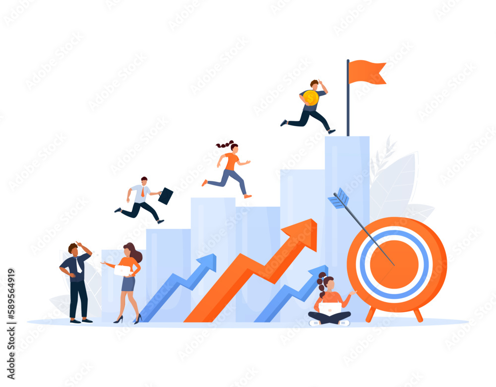 Business team walking success ladder or steps banner, web page. Flat design concept of business analysis and planning, increase profits, business growth Business team walking success ladder or steps banner, web page. Flat design concept of business analysis and planning, increase profits, business growth