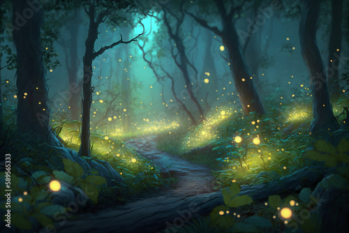 fantasy mystic forest path with glowing fireflies