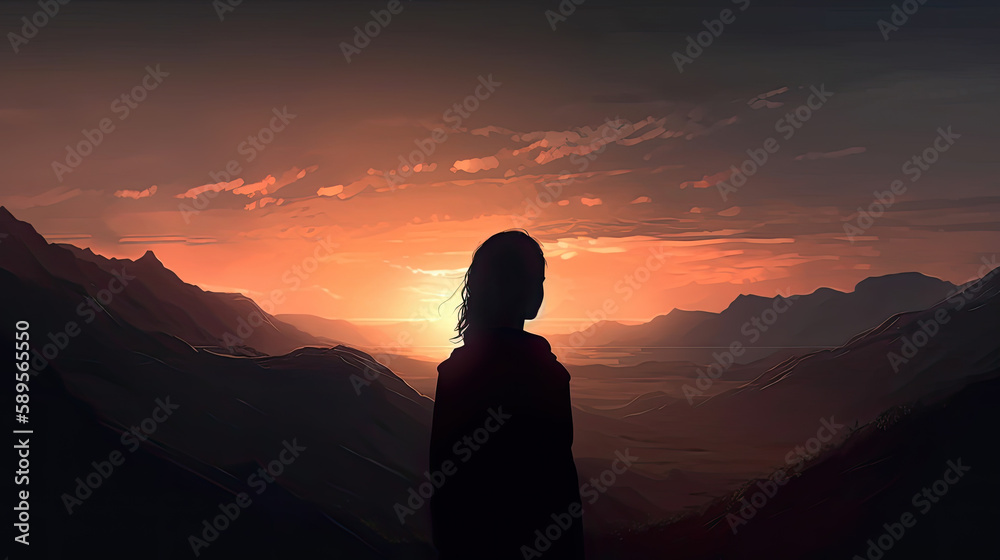 silhouette of a woman in the mountains created with Generative AI technology