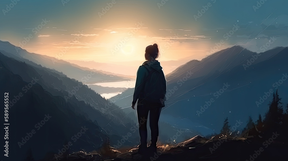 silhouette of a woman in the mountains created with Generative AI technology