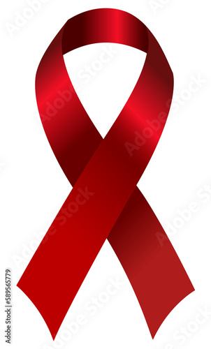 Red awareness ribbon. Used to raise awareness and show support for the fight against HIV/AIDS, and also symbol for heart disease, stroke, substance abuse, and more.
