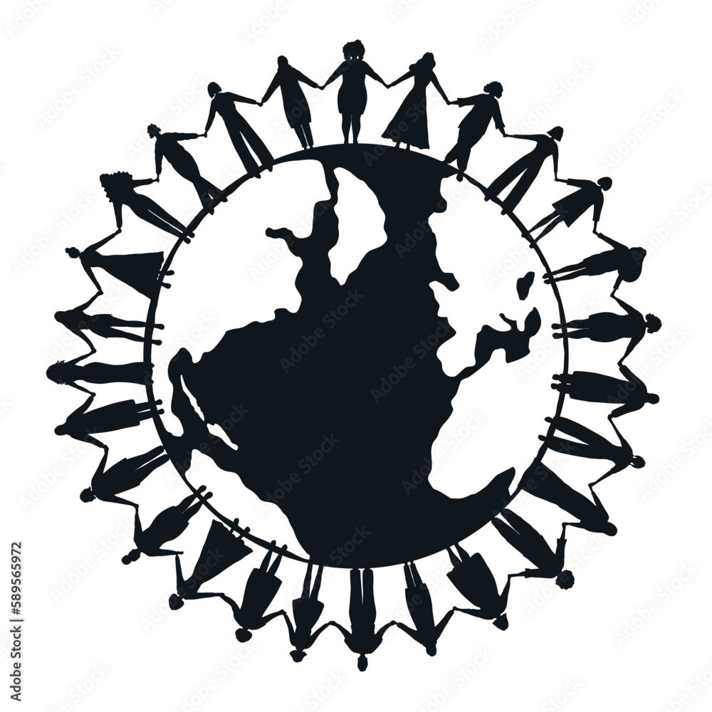 Black silhouettes. Women are holding hands, stand around the world map.  International Women's Day or Earth day concept. Multicultural group of people. Vector illustration