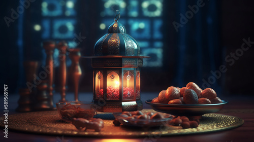 ramadan food mosque background , Generative AI , illustration