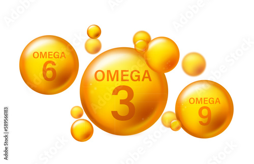 Omega 3,6,9 gold icon set. Vitamin drop pill capsule. Shining golden essence droplet. Beauty treatment nutrition skin care design. Vector illustration.