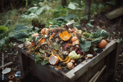 veggie and fruit scraps being composted for use in gardens, created with generative ai