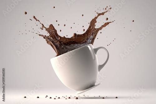 Splash of coffee from a white cup on a white background, generative ai