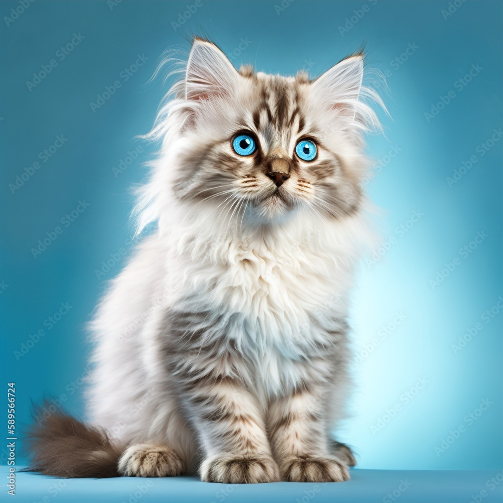 fluffy blue-eyed kitten on a blue background. Lovely pets. Generative AI