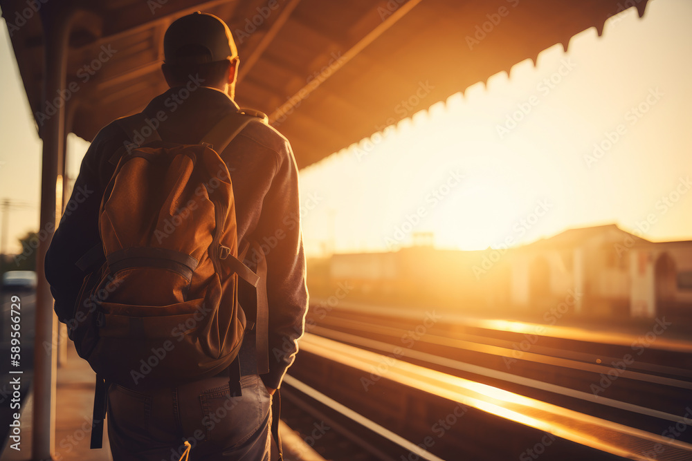 The man is waiting for the train. On the Sunset.  Generative AI