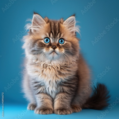 fluffy blue-eyed kitten on a blue background. Lovely pets. Generative AI