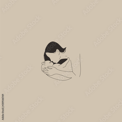 Lineart abstract portrait of a woman kissing a cat. Trend of hand-drawn minimalism style. Vector illustration. Black isolate on a beige background.