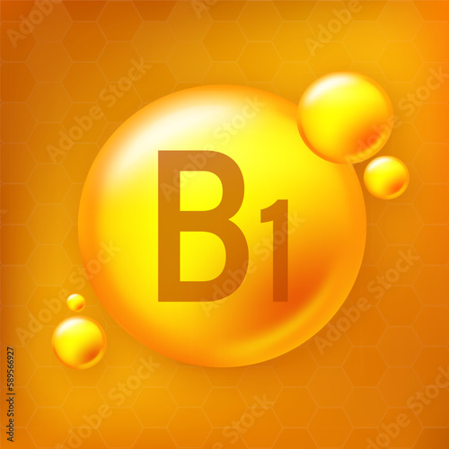 Vitamin B1 gold shining pill capcule icon. Pill capcule vector illustration on yellow isolated background