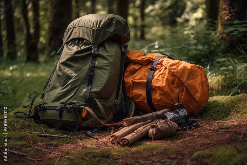 hiking backpack with rolled up tent and sleeping gear, created with generative ai hiking backpack with rolled up tent and sleeping gear, created with generative ai