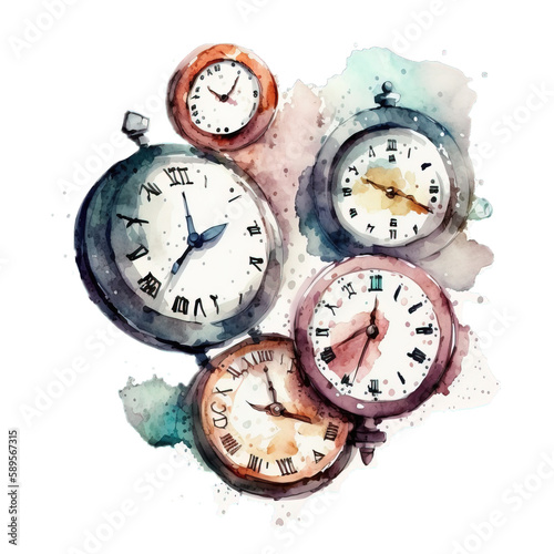Clocks and pocket watches in an abstract style with transparent background for use as a graphical element. AI generated background illustration in a detailed watercolor style 
