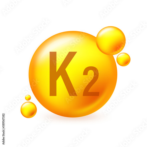 Vitamin K2 gold shining pill capcule icon. Pill capcule vector illustration on white isolated background