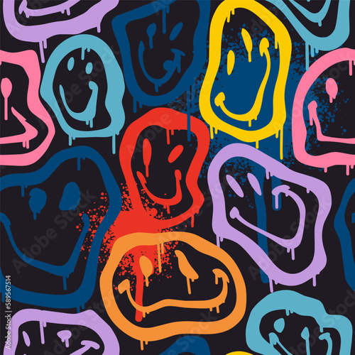 Groovy smile seamless pattern in Urban street art style on black background. Graphic underground unisex design for t-shirts. Hipster retrowave with 90s style. Psychedelic rave background. Neon colors.