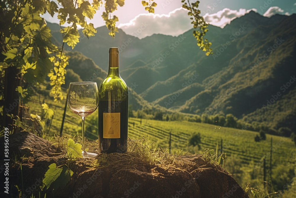 Beautiful and sunny vineyard and mountains landscape with bottle of wine and glass in front of it , AI generated