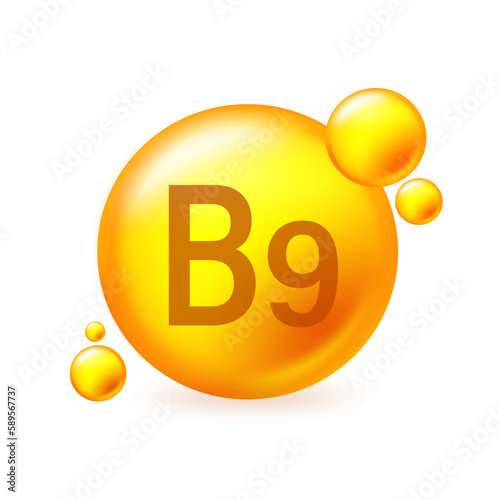 Vitamin B9 gold shining pill capcule icon. Pill capcule vector illustration on white isolated background