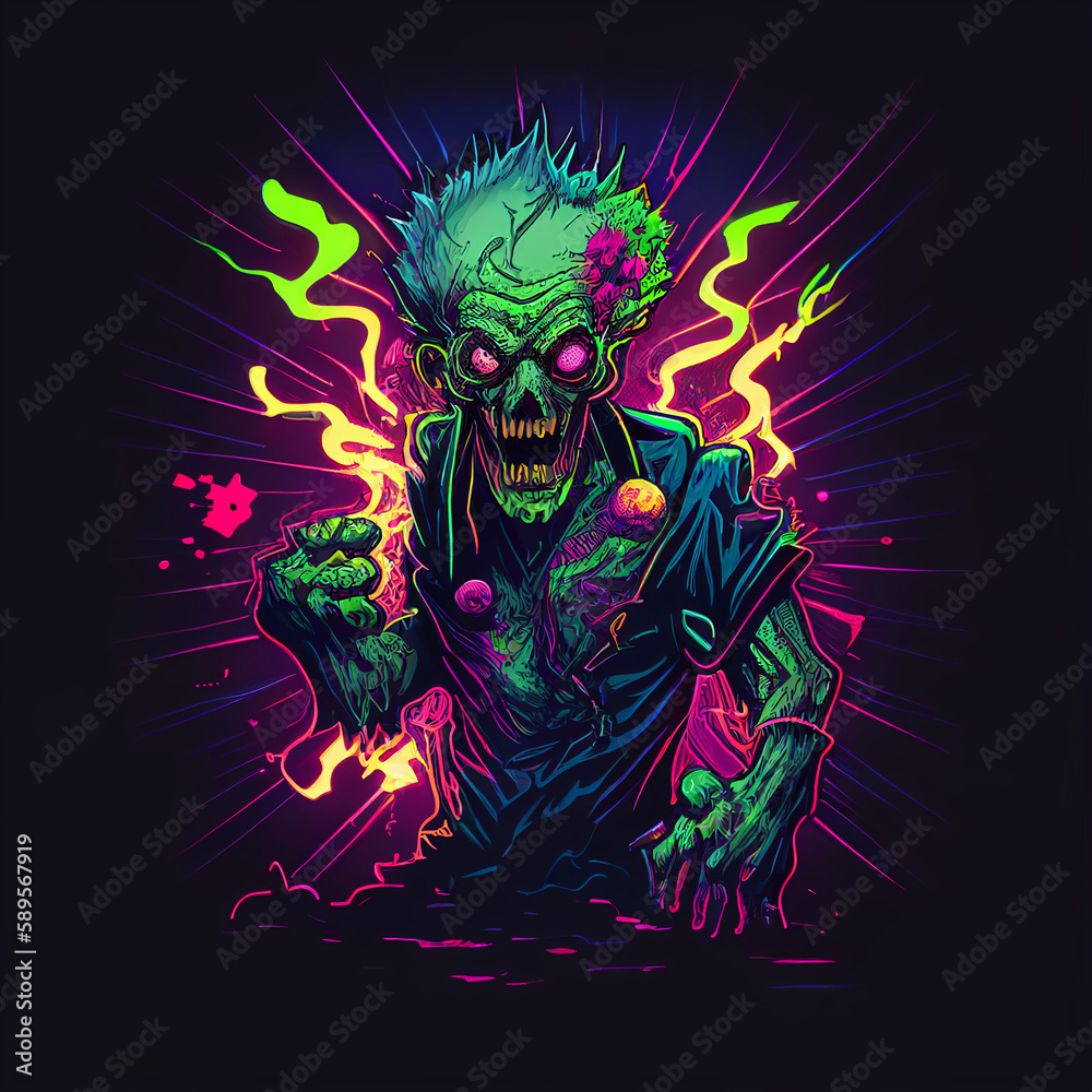  Cartoon-Style Zombie in Cyberpunk-Inspired Neon Colors - generative AI