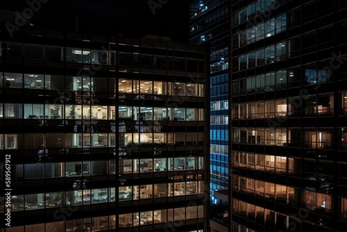 nighttime view of modern high-rise with lighting and reflections on the windows, created with generative ai