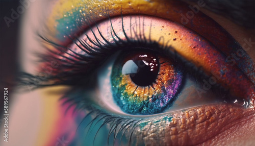 Close up view of human eye with bright multicolored, Holi indian color festival . Generative ai