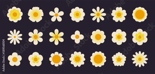 Vintage daisy flowers on black background, groovy spring daisies. Funky retro 70s style white and yellow floral design elements, cute hippie flower stickers vector set
